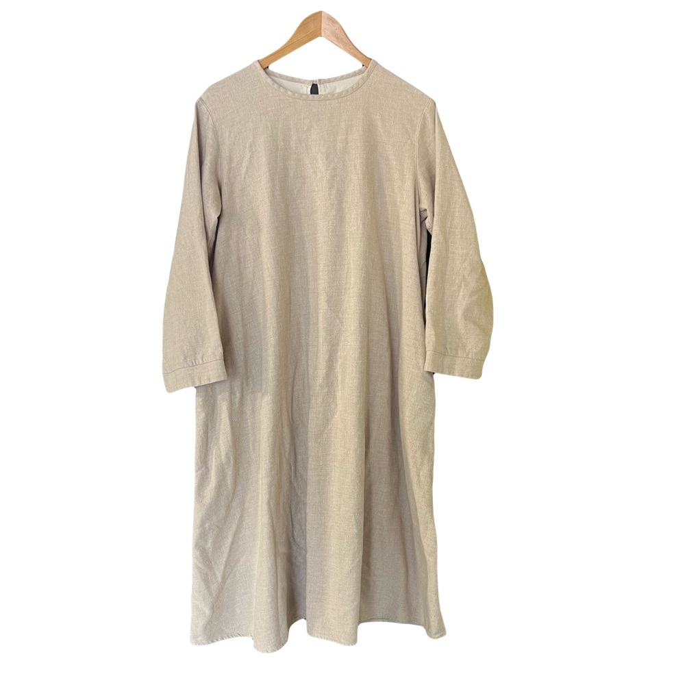 MUJI Simple Crewneck Long Sleeve Flannel Midi Dress in Beige